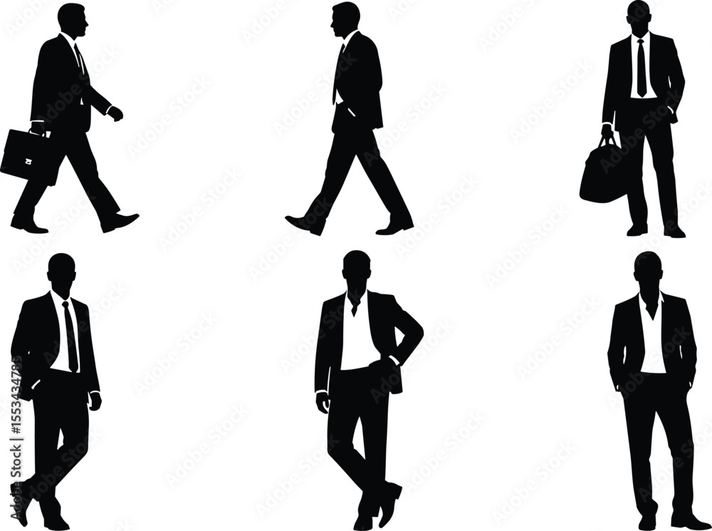 Vector silhouettes of diverse businessmen in various poses: walking, standing, and holding a briefcase, ideal for corporate and professional design assets, isolated on white.