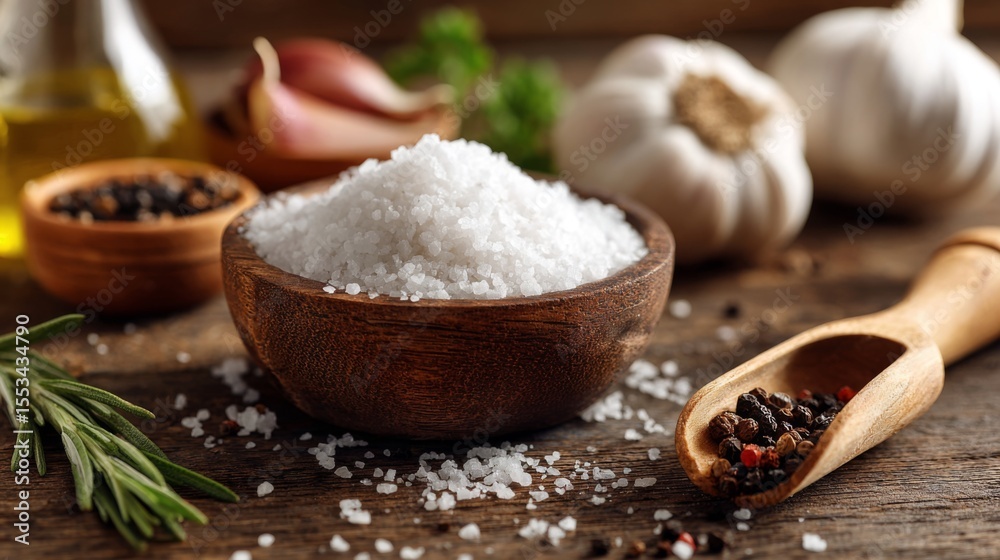 A close-up of a bowl of coarse cooking salt with a wooden spoon, placed on a rustic kitchen counter next to other cooking ingredients. A close-up of a bowl of coarse cooking salt with a wooden spoon, placed on a rustic kitchen counter next to other cooking ingredients.