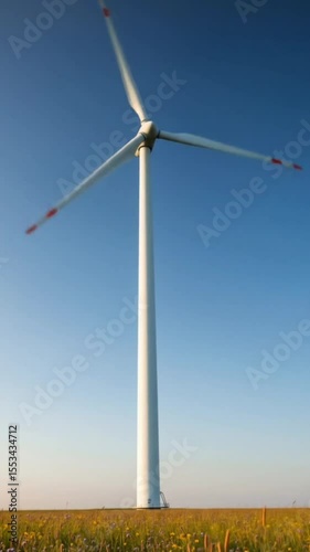 Tall wind turbine rotating on field of wildflowers under clear blue sky in renewable energy landscape, seamless looping 4k time-lapse animation video background. Energy concept