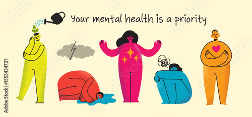 Take care of your body, take care of your health and mind. Increase awareness of mental health. Mental Health Awareness Month. Control, Prevention campaign and protection.