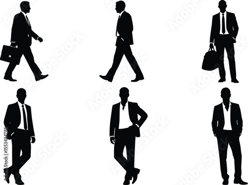 Vector silhouettes of diverse businessmen in various poses: walking, standing, and holding a briefcase, ideal for corporate and professional design assets, isolated on white.