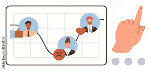 Hand interacting with a line graph featuring portraits, thumbs up and dislike icons, sad face visualizing emotional trends and engagement. Ideal for analytics, survey, feedback, monitoring, emotion