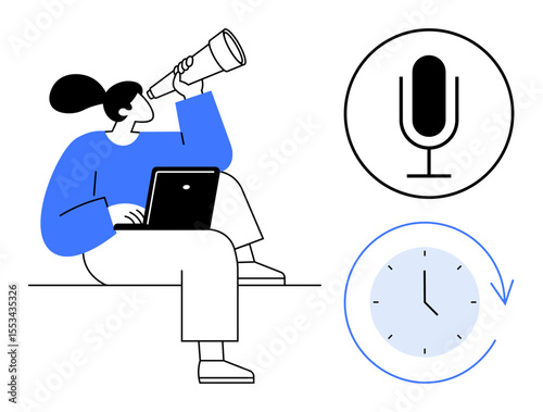 Person sitting with laptop and telescope observing ideas, paired with microphone and clock symbols. Ideal for creativity, time management, podcasting, planning, productivity, innovation, simple