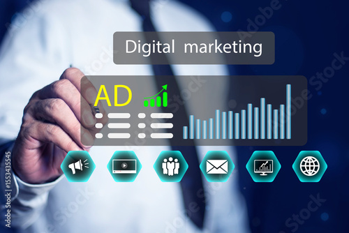 Digital marketing strategy. Online advertising ,digital marketing and ad on internet to targeted customers. (website ad, email, social network, SEO, video, mobile app) Ads dashboard screen digital.