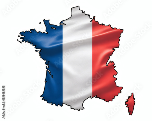 A stylized graphic art map of France, showcasing its distinctive outline filled with the national flag's vibrant blue, white, and red, including Corsica.