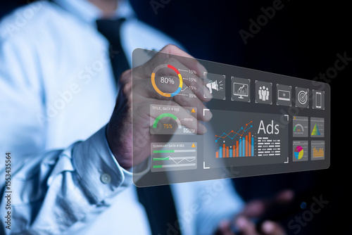 Digital marketing strategy. Online advertising ,digital marketing and ad on internet to targeted customers. (website ad, email, social network, SEO, video, mobile app) Ads dashboard screen digital.