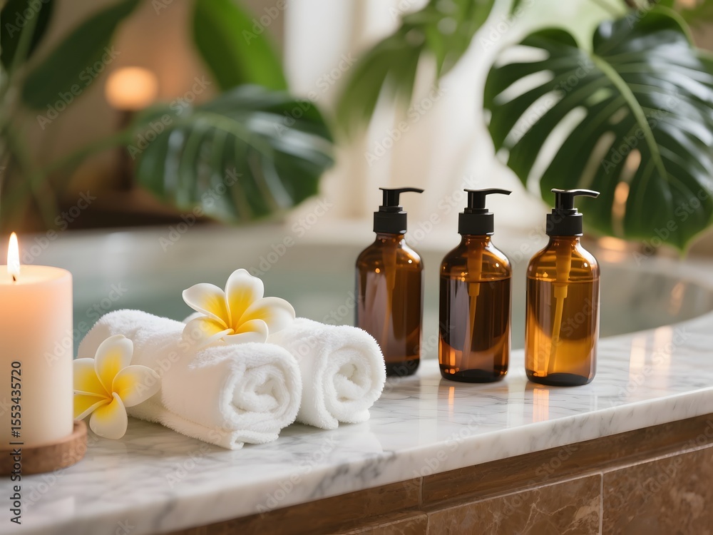 Luxury Spa Setting with Towels, Flowers, Candles, and Bottles – Wellness and Relaxation Concept Luxury Spa Setting with Towels, Flowers, Candles, and Bottles – Wellness and Relaxation Concept