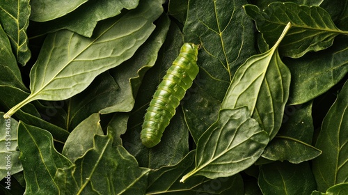 A vibrant green caterpillar nestled amidst lush green leaves