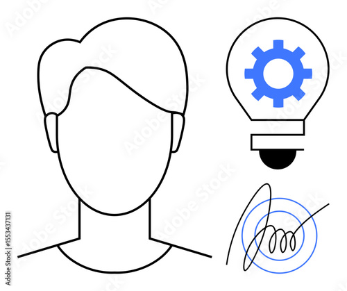 Abstract human face outline, gear inside a lightbulb symbolizing innovation, signature emphasizing idea ownership. Ideal for creativity, innovation, branding, leadership, identity, entrepreneurship