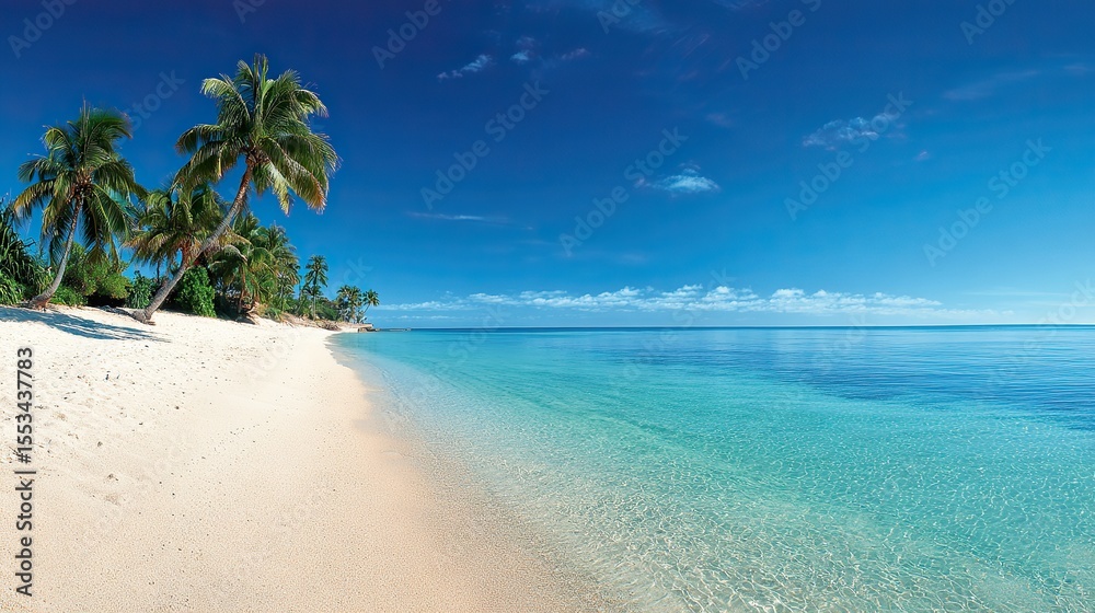 Fototapeta premium Beautiful white sand beaches, palm trees and clear blue skies. The tranquil summer scene is perfect for vacations, travel poster designs, illustrations, or artwork.