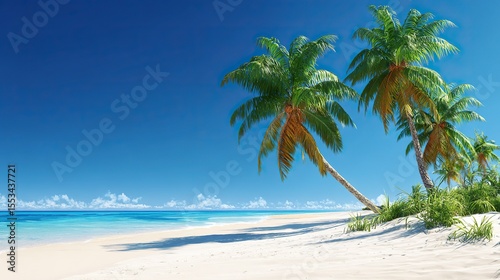 Beautiful white sand beaches, palm trees and clear blue skies. The tranquil summer scene is perfect for vacations, travel poster designs, illustrations, or artwork.