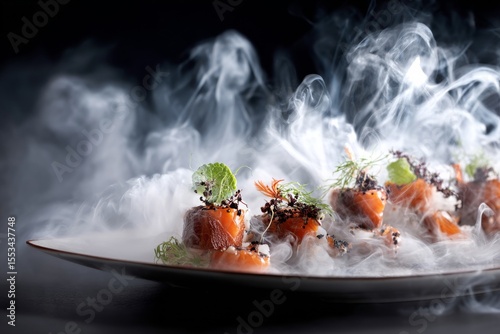 A stunning salmon dish with an artistic presentation, enveloped in a smoky atmosphere.