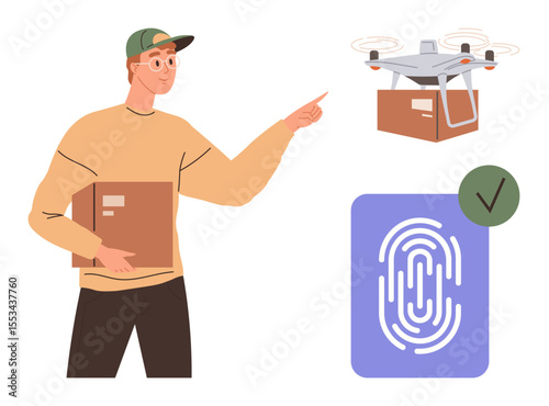 Young man holding a package, pointing at delivery drone in flight. Fingerprint with checkmark represents authentication. Ideal for technology, logistics, e-commerce, courier service, safety, digital