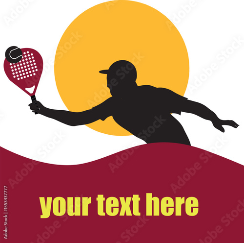 Dynamic vector illustration of a male padel player hitting the ball with a forehand stroke. The design includes a large silhouette in motion, a sun-like background circle, and a bold maroon base with 