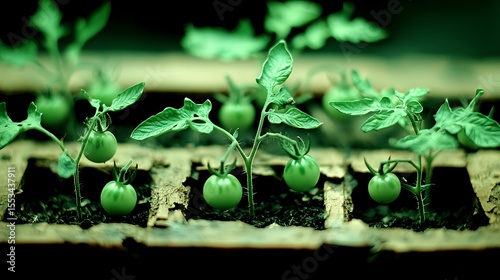 Detail shot of young tomato stalks emerging from cracks in rotting wood pieces scattered across an abandoned stage