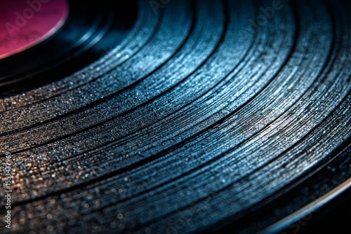 Detailed view of a vinyl record's surface, highlighting grooves and textures with vibrant colors.