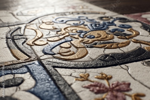 An artistic, detailed view of a relief with gold and blue decorative elements on a textured surface.