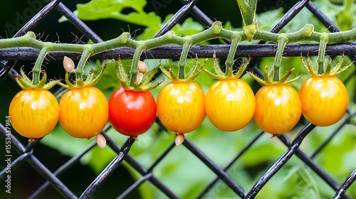 Detailed capture of tomato debris including seeds and thin skins clinging stubbornly to a chain-link fence