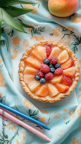 Colorful fruit tart on floral fabric background.