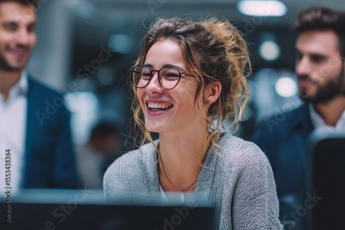 Joyful businesswoman laughs with colleagues at work, creating a positive atmosphere.