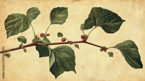 Botanical illustration of a branch with leaves and red berries