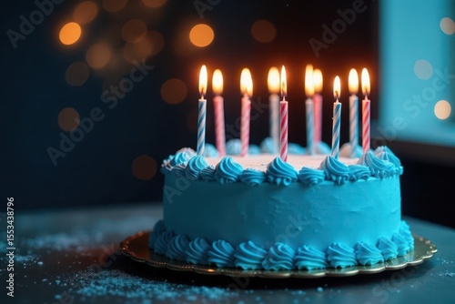 Elegant blue birthday cake, lit candles, festive message , age, blue, food
