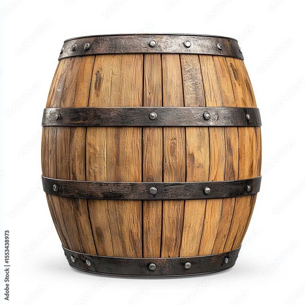 Fototapeta premium Aged Wooden Barrel with Metal Bands on White Background