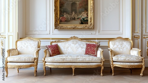 Wallpaper Mural Ornate antique sofa set with gold detailing, white upholstery, and decorative pillows in an elegant, classical room with a framed painting. Torontodigital.ca