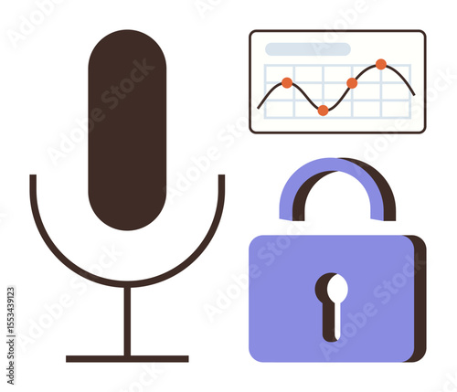 Microphone and padlock beside a data chart with plotted points suggesting voice security, data protection, and analytics. Ideal for cybersecurity, tech, communication, privacy, research, statistics