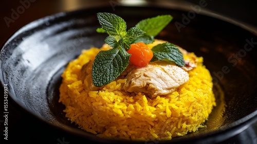 A close-up of fragrant yellow rice of Khao Mok Gai, topped with juicy chicken, showcasing the rich spices and flavors that define this traditional Thai dish.