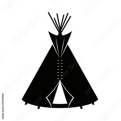A black and white graphic illustration of a teepee with a white background and open entrance