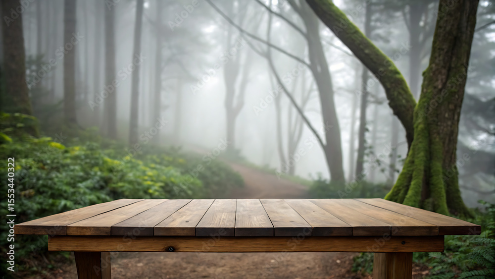 Fototapeta premium Wooden Table and Blurred Forest Background with Mist Showcase Your Product in Natural Light.