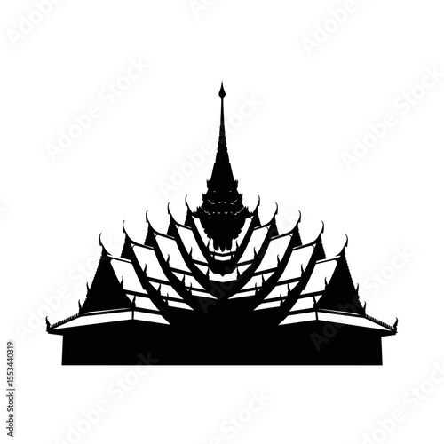 Silhouette of a multi tiered roof structure with a spire against a white background design element