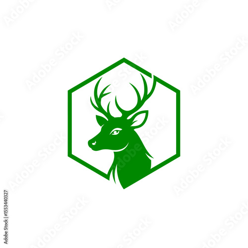 Green deer head silhouette inside a hexagon frame on a white background vector illustration