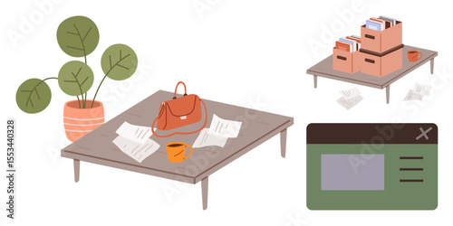 Desk with documents, an orange mug, a handbag, a potted plant, stackable boxes, and a screen interface. Ideal for productivity, organization, remote work workflow planning focus simple landing