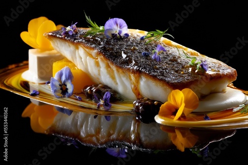 A stunning plate of pan-seared fish, decorated with vibrant edible flowers, set on a reflective surface.