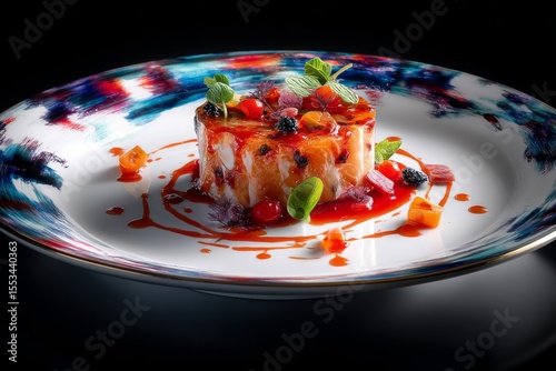 Exquisite gourmet dish artfully arranged on a beautifully designed plate, showcasing a culinary masterpiece.
