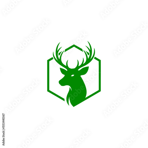 A green deer head silhouette with antlers inside a green hexagon frame on a white background