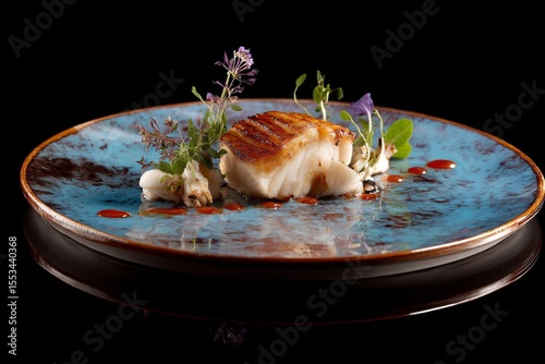 Exquisite pan-seared fish dish elegantly presented on a unique blue plate.