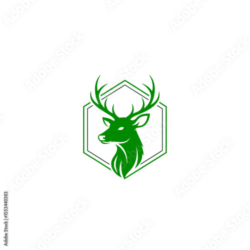 Green deer head with antlers inside a hexagon frame on a white background graphic illustration