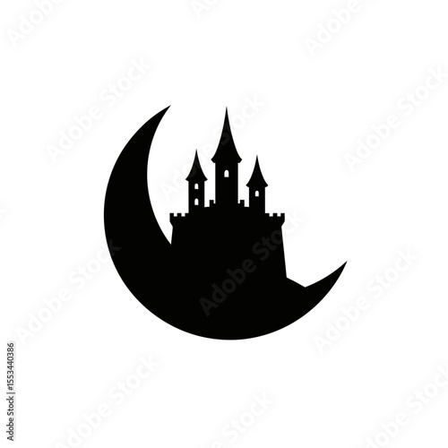 Silhouette of a castle with three towers nestled within the crescent moon on a white background
