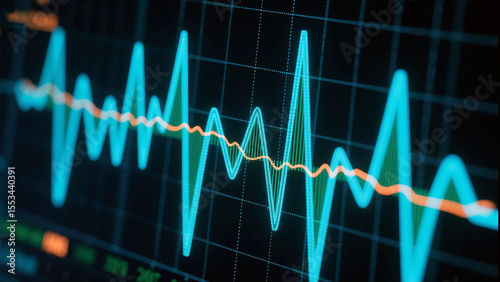 Abstract Teal and Orange Oscilloscope Waveform: Dynamic Data Visualization, Technology Background