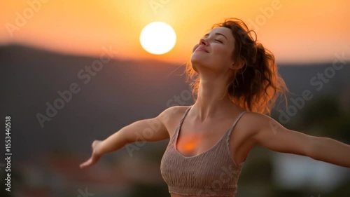 Serene Woman Embracing Sunset: A Moment of Peace and Joyful Connection with Nature