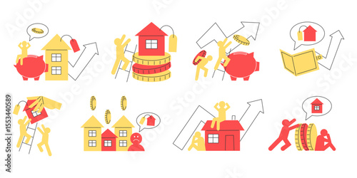 Set of Simple Flat Style Illustrations Depicting Housing Crisis Overpriced Homes and Rising Costs for Websites