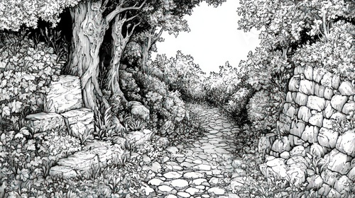 Black and white path through a dense forest, with stone walls and rocks