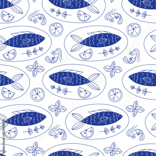 Seamless pattern of fish dishes Mediterranean cuisine flat style seafood