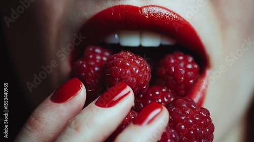 A sensual close-up featuring bold red lips and manicured nails holding vibrant raspberries, highlighting beauty and temptation.