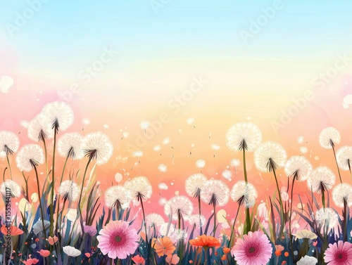 Vibrant Dandelion Field with Colorful Flowers at Sunset Sky