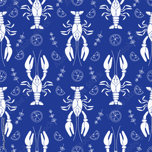 Seamless pattern white crabs lemons rosemary blue background Mediterranean