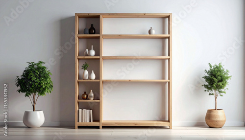 Empty wooden bookshelf with shelves for home interior design